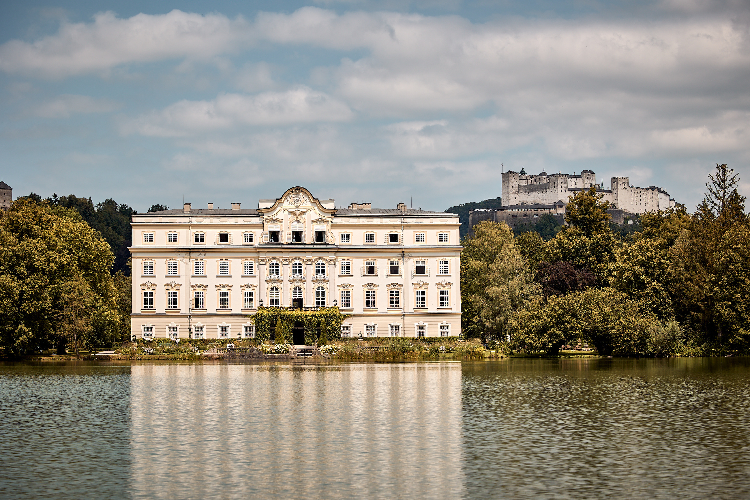 This photo is of Schloss Leopoldskron, taken from the other side of Leopoldskroner Weiher. Hohensalzburg Fortress is also visible in the background.