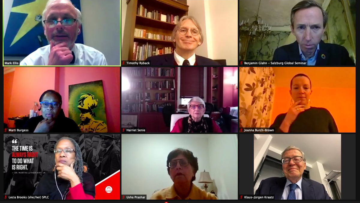 The volume’s co-editors, practitioners, and scholars shown in gallery view on Zoom