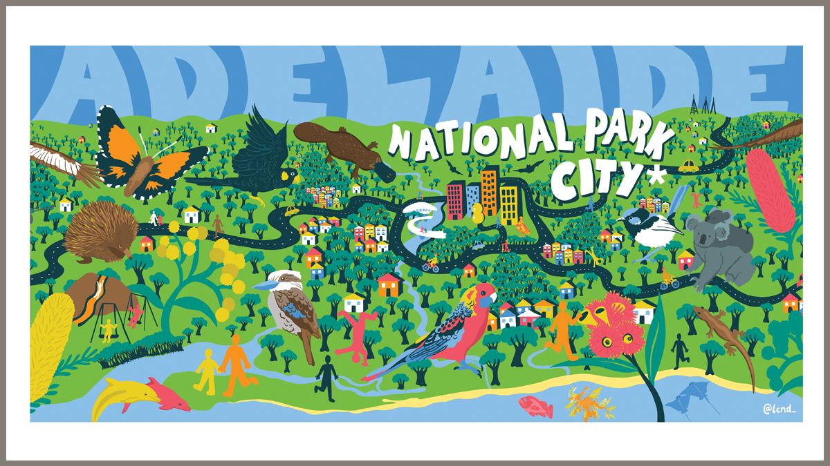 Illustration by Lucinda Penn depicting Adelaide, its green spaces, wildlife, and river 