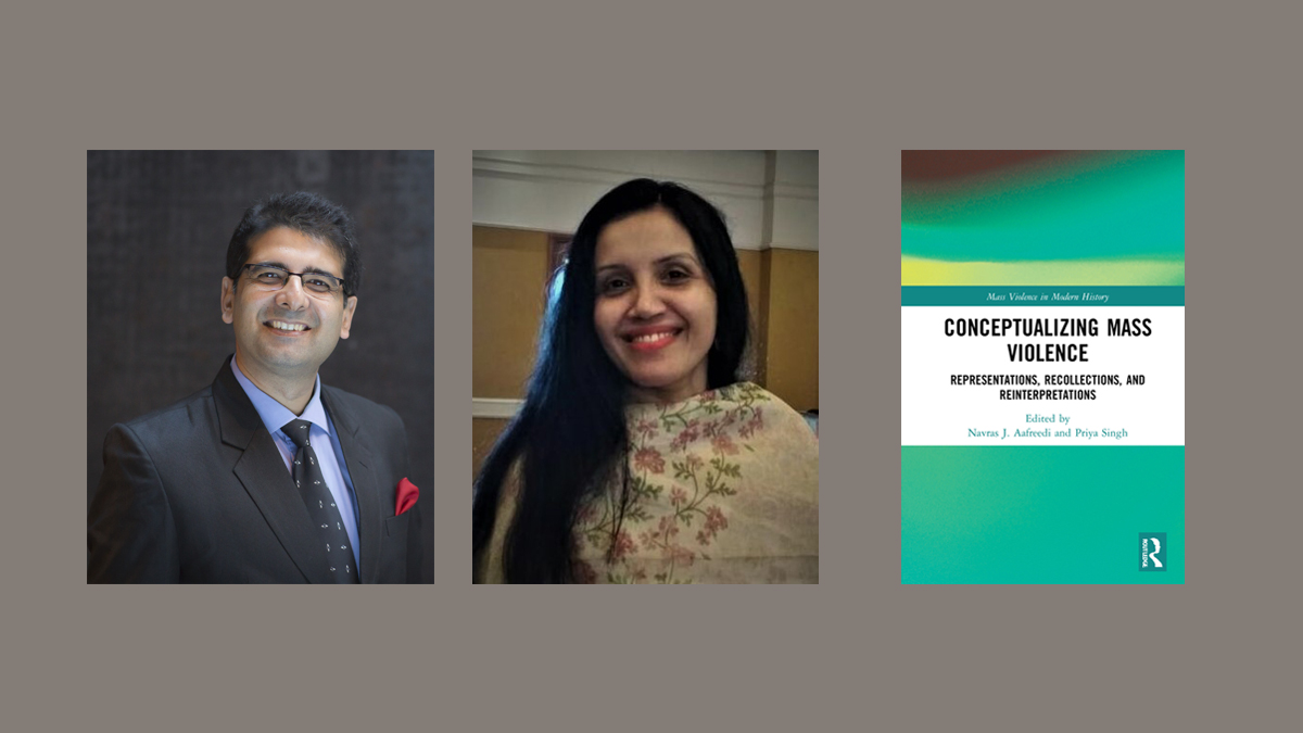 Navras J. Aafreedi (left) and Priya Singh (right) and cover of Conceptualizing Mass Violence: Representations, Recollections, and Reinterpretations (Photo of Aafreedi by Joel Mason-Gaines at the United States Holocaust Memorial Museum) 