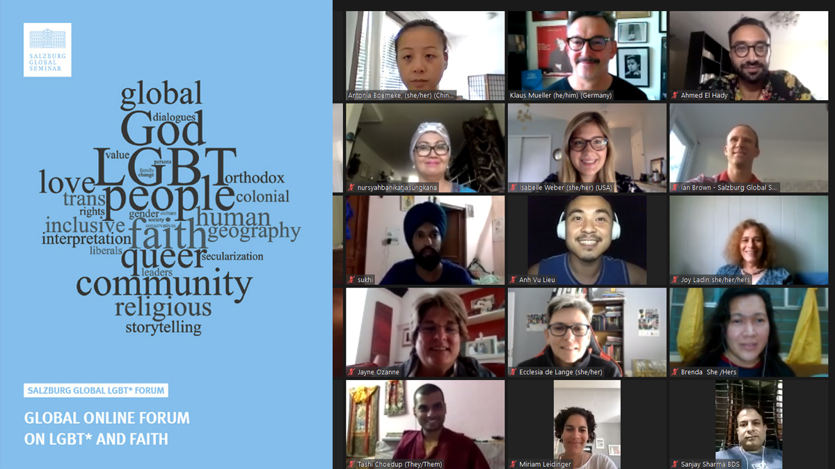 Picture of Global Online Forum on LGBT* and Faith report front cover, plus partial group picture of participants taken on Zoom
