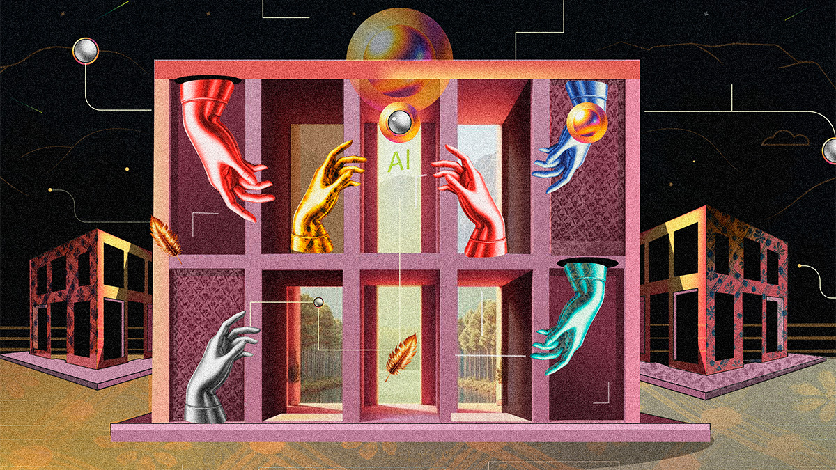 A digital AI illustration by Silvana Casuccio Martín showing hands and boxes