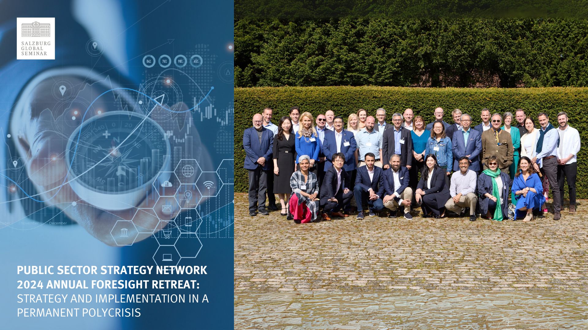 A report cover on the left and a group photo on the right