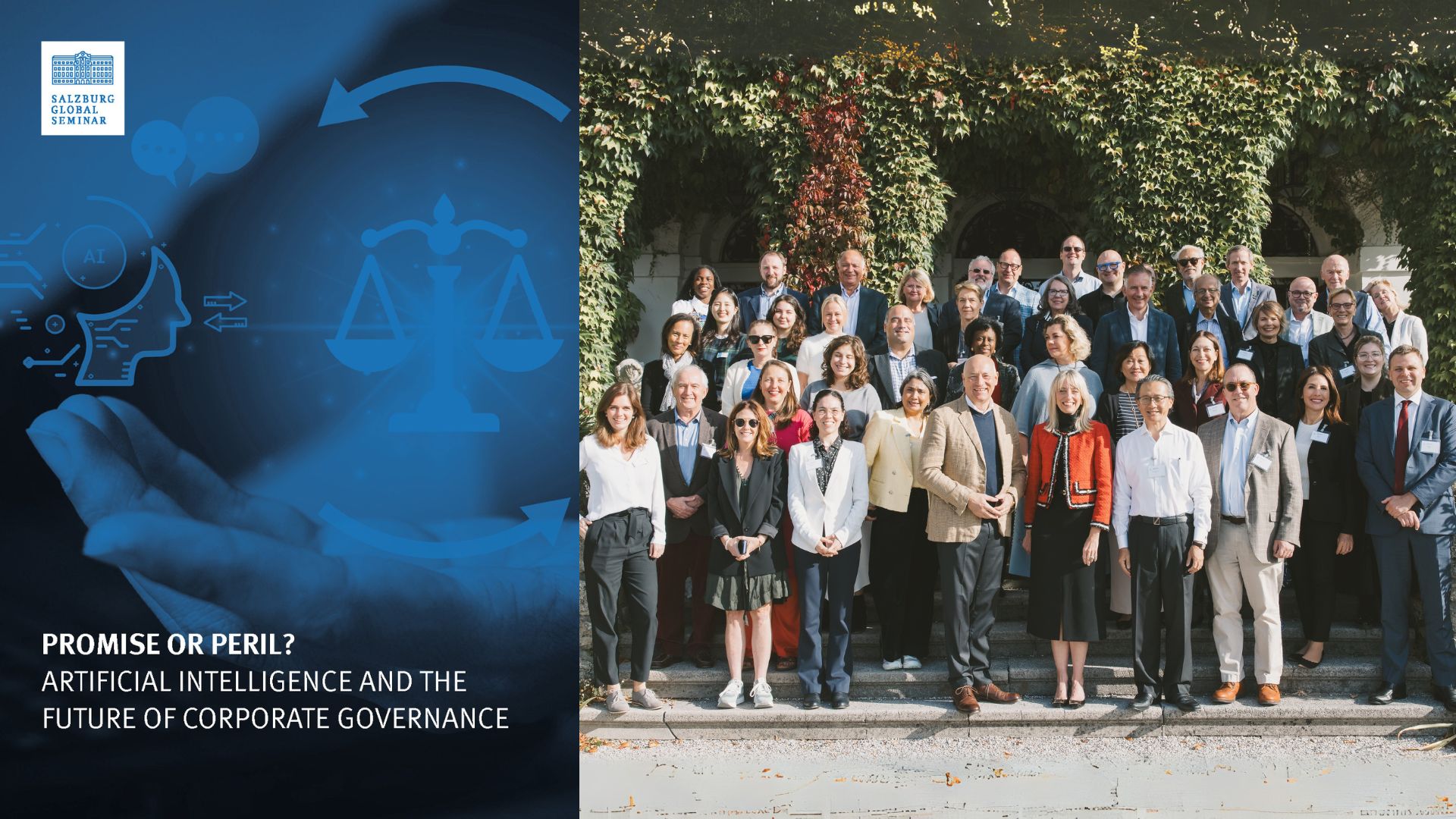A cover of a report next to a photo of a group of people standing outside on the steps of Schloss Leopoldskron