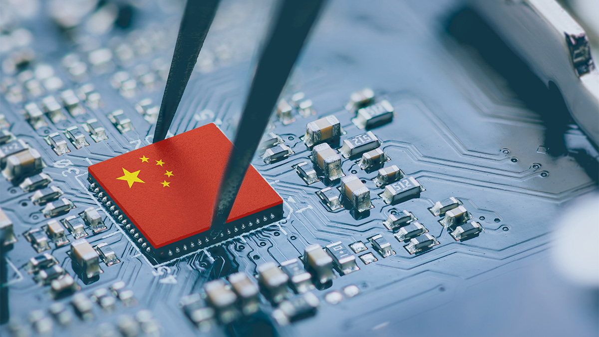 a flag of china is placed in the middle of a computer microchip